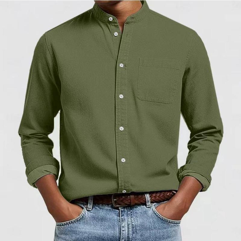Camicia da uomo in misto lino con colletto alla coreana e taschino sul petto per l'uso quotidiano