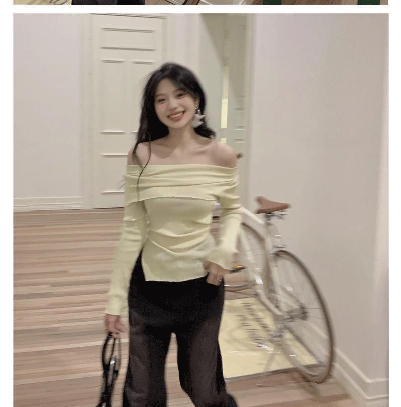 2024 French One-Shoulder Slit Knit Sweater: Women's Spring Irregular Slim-Fit Long Sleeve Top