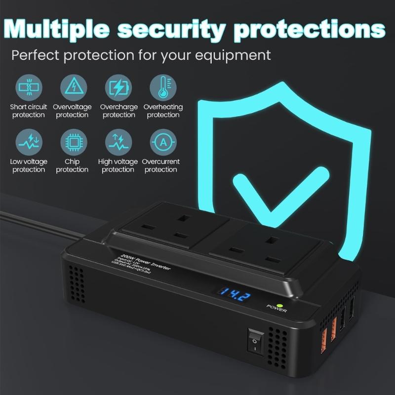200W Car Power Inverter 12V To 220V Converter with 4 USB Ports & Double Outlets Easy to Carry for Vehicles Trucks RVs