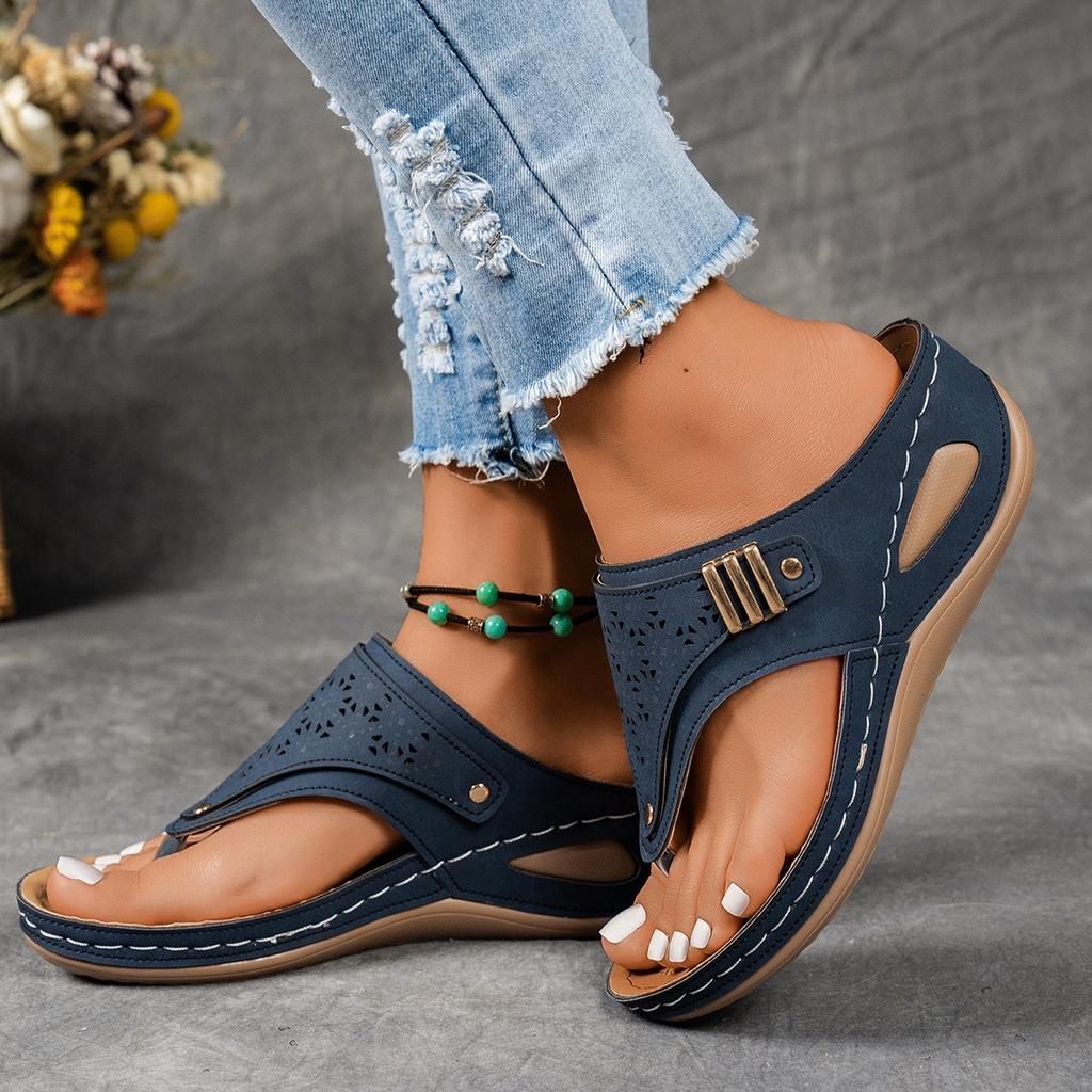 Flop Fashion Flip Thong Womens Sandals Cutout Design Soft Sole Slope Heel Metallic Embellishment Comfortable Beach Flip Flops Womens Sandals