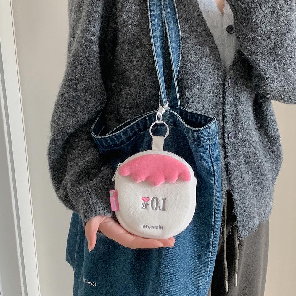 Cute Strawberry Plush Coin Purse Kawaii Mini Pouch for Earphones Holder Small Makeup Bag Backpack Keychain Charm for Women Girls