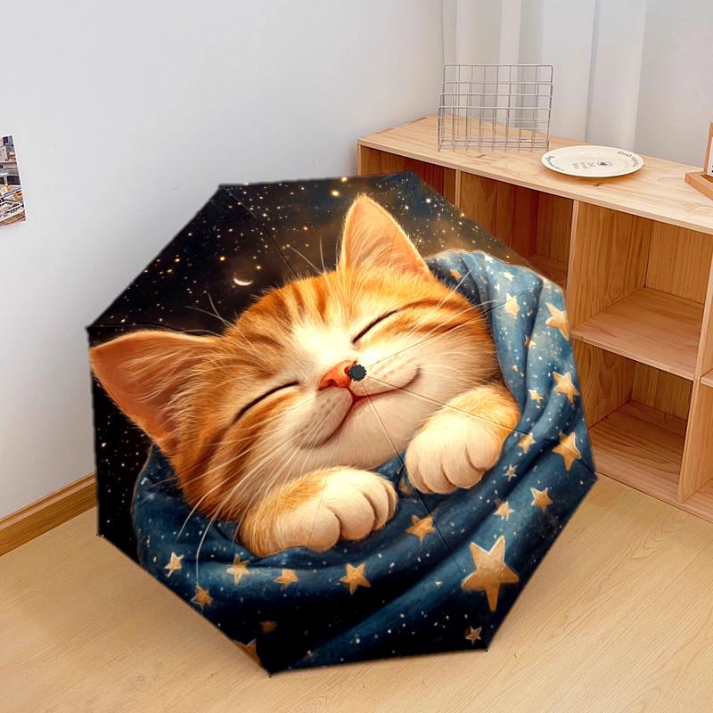 1 PC Automatic Folding Umbrella - Sleepy Kitten Pattern, Portable & Foldable Design with 8 Ribs, Christmas Birthday Gifts
