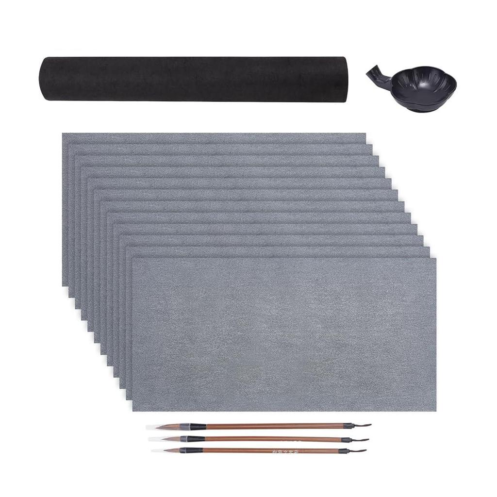 Beginner Calligraphy Set with 12 Water Writing Cloth Paper 3 Wood Handle Brush and Inks Dish for Writing Painting