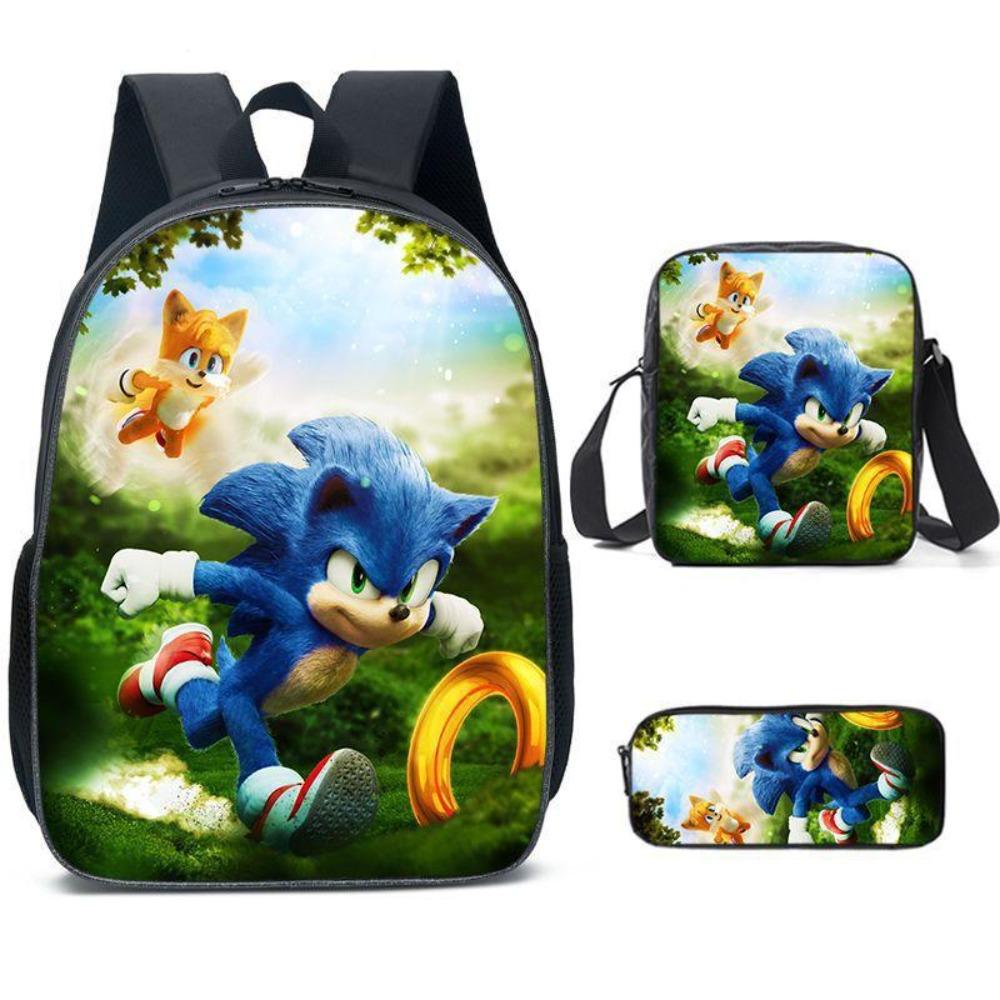 Sonic Elementary School Student Backpack 3-Piece Set Anime Cartoon Backpack Shoulder Bag Pen Bag
