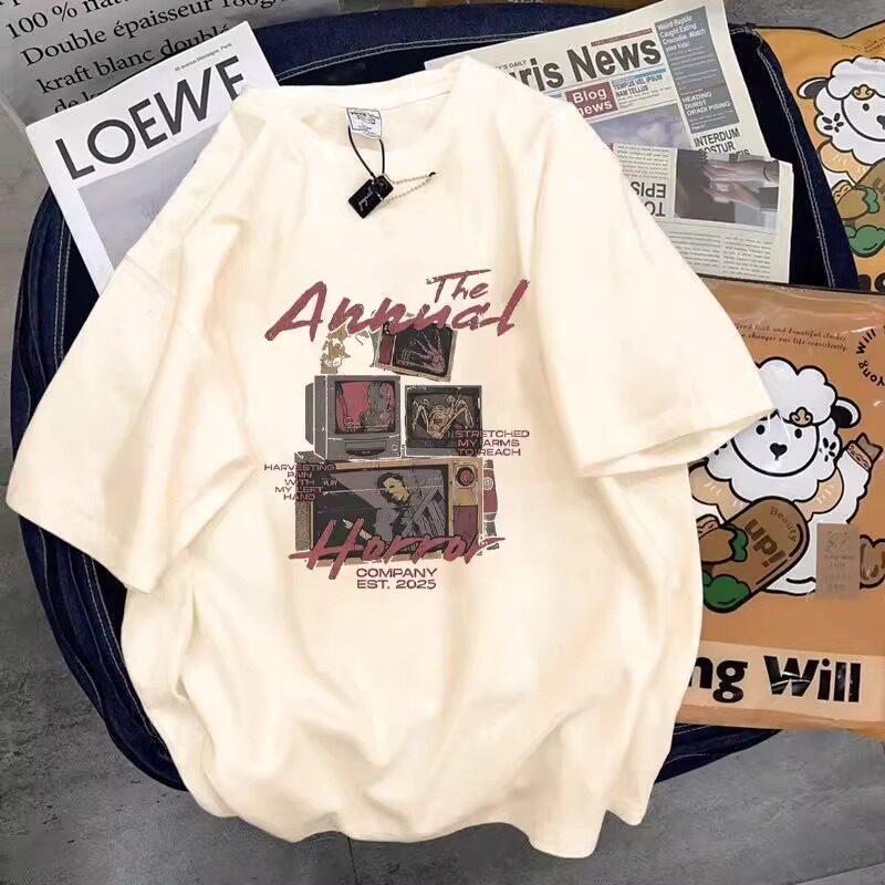 High Street Design Short Sleeve Printed T-Shirt Summer Couple Men's and Women's Cotton Loose Heavy Top Versatile
