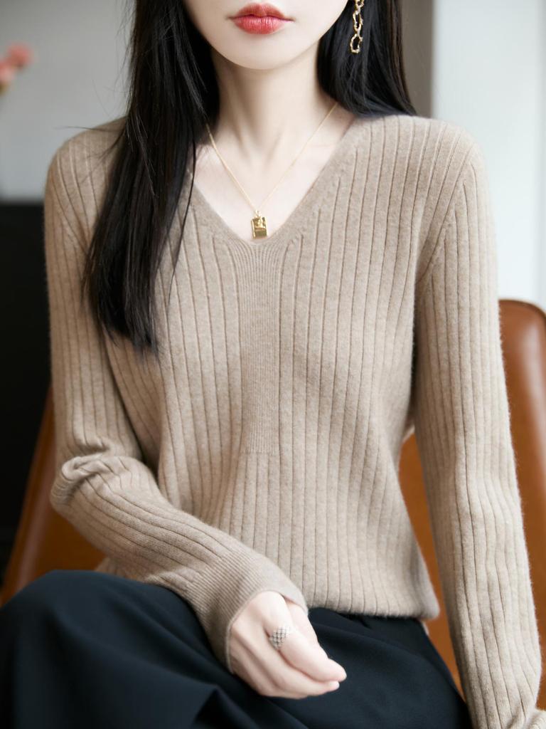 Women's V-Neck Ribbed Knit Sweater - Slim-Fit Long-Sleeve Top for Autumn/Winter 2025