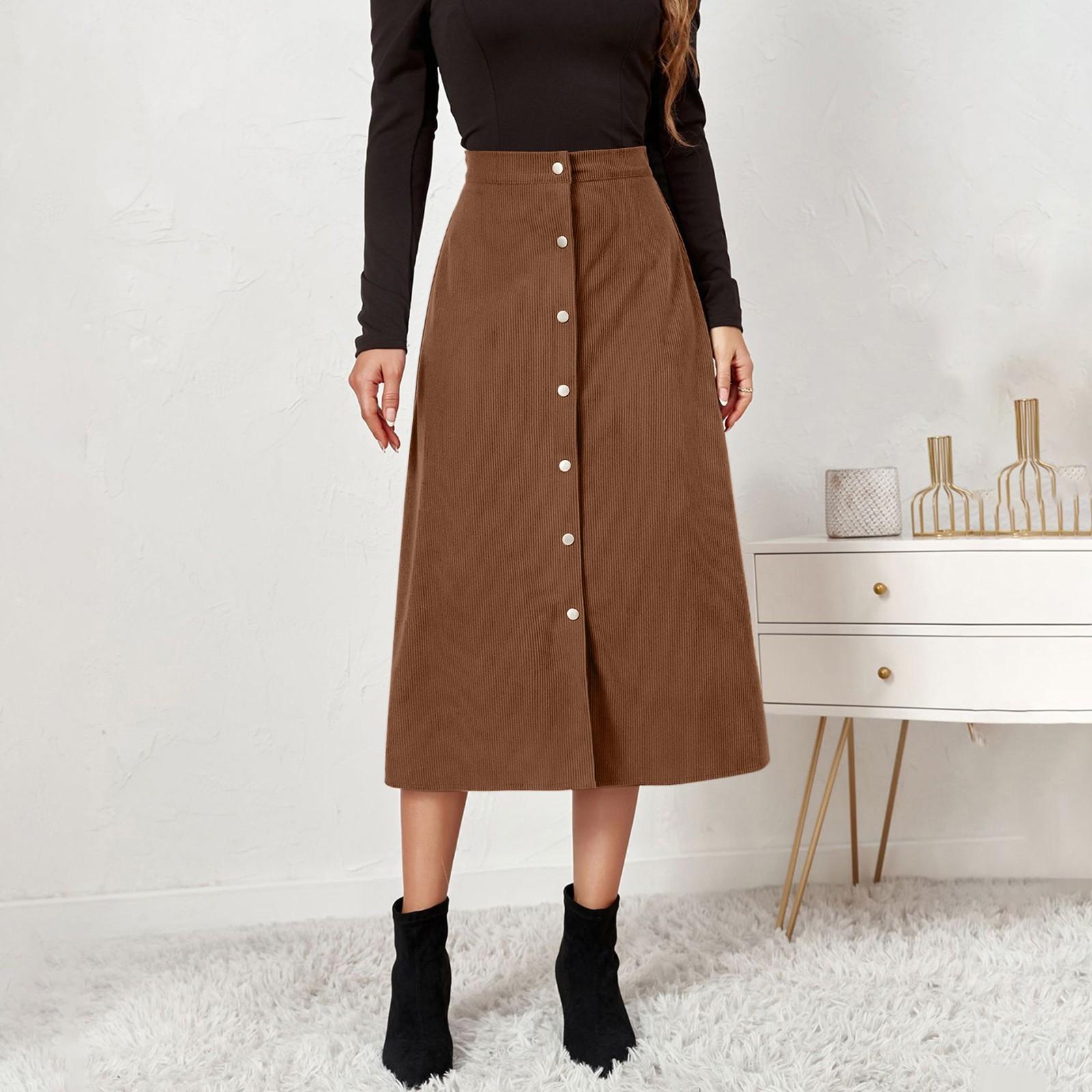 

Женская вельветовая юбка, однобортная длинная юбка с высокой талией M коричневый