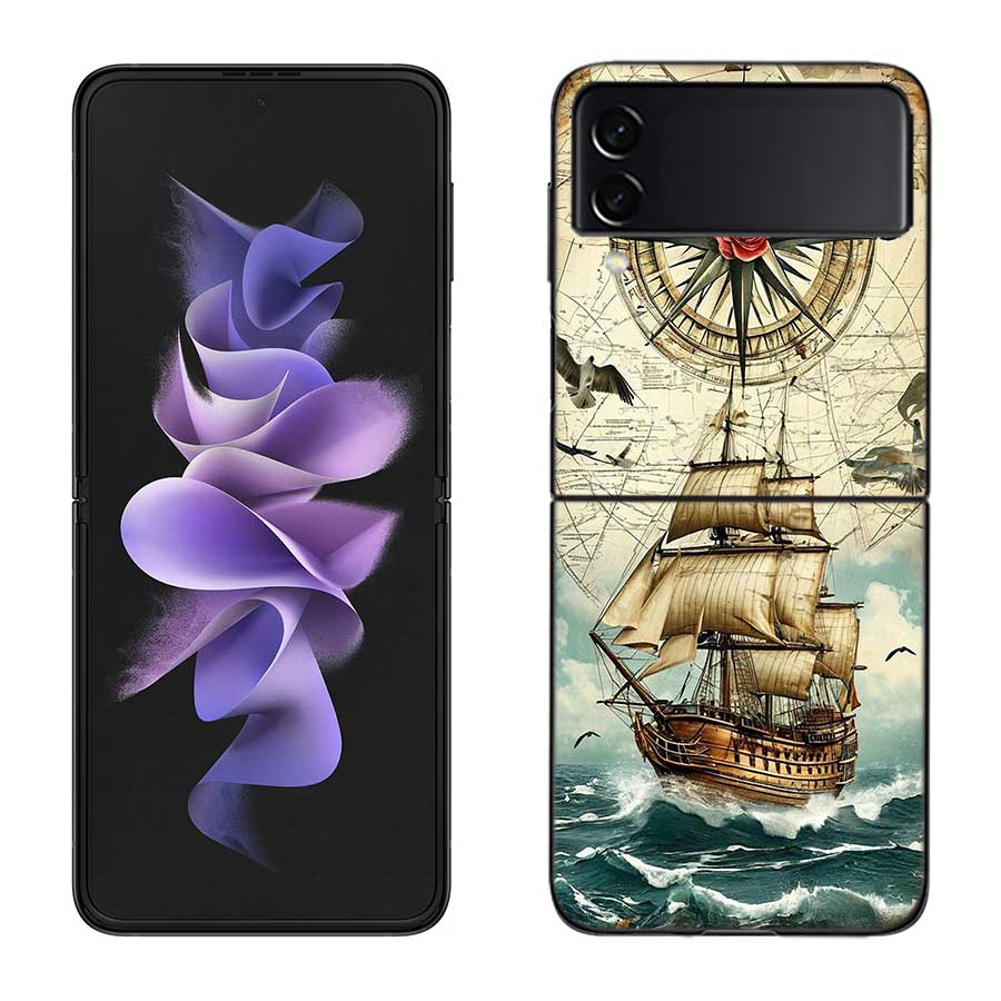 Compass Map Voyage Phone Case For Samsung Z Flip 7 6 5G Galaxy Z Flip 5 4 3 Black Hard Cell Cover Luxury PC Shell Coque