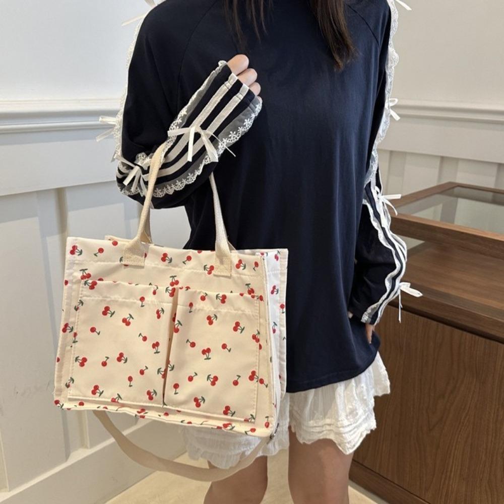 Large Capacity Cherry Tote Bag Korean Style Canvas Handbag Casual Women Shoulder Bag Outdoor