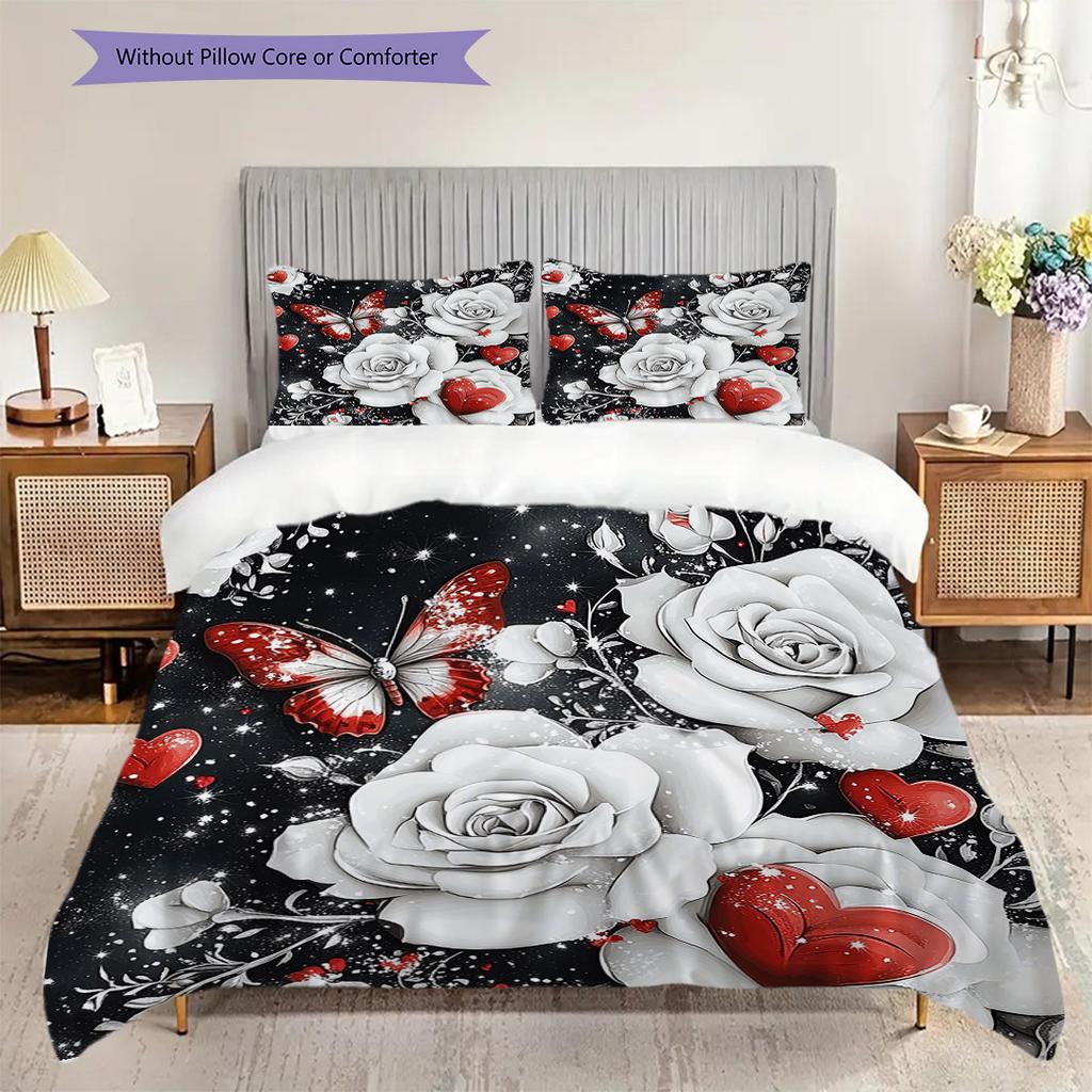 Red and White Roses Pattern Bedding Quilt Set Quilt Cover Pillowcase Home Decoration Birthday Gift (1 * Duvet Cover + 2 * Pillowcase, Without Core)