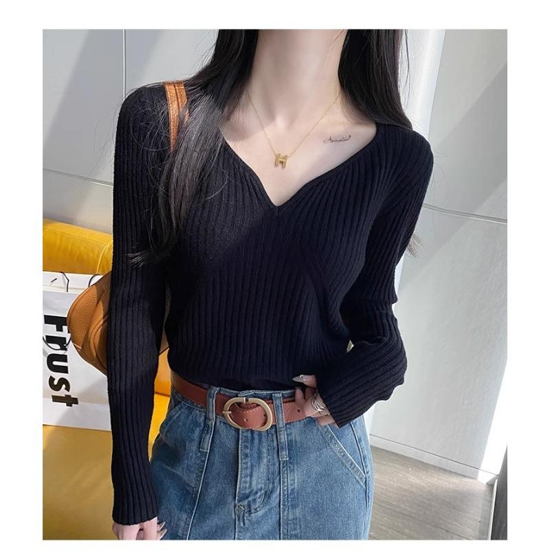 Autumn Winter Fashion Long Sleeved Pullover Sweater Women V Neck Loose Casual Bottoming Shirt 2025 Inner Knitted V-neck Top Solid Clothing