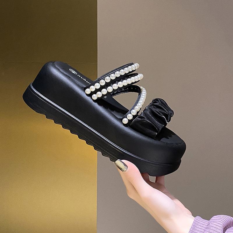 Summer New Fairy Style Platform Sandals Women French Two Wear Pearl Women's Shoes Low Top Platform Cool Slippers Women
