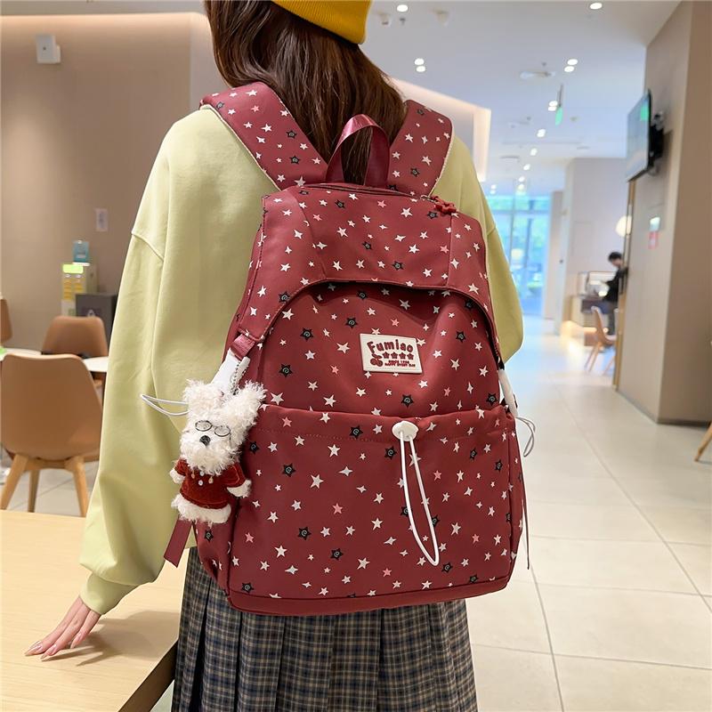Cute Star Print Nylon Backpack for Women – Fashionable School & Daily Use Bag with Front Drawstring Pocket and Plush Charm