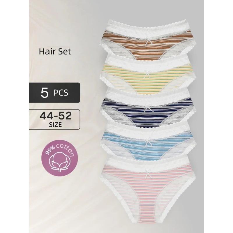 5pcs Women s Stripe Printed Lace Cotton Soft and Comfortable High Bounce Mid Waist Briefs S