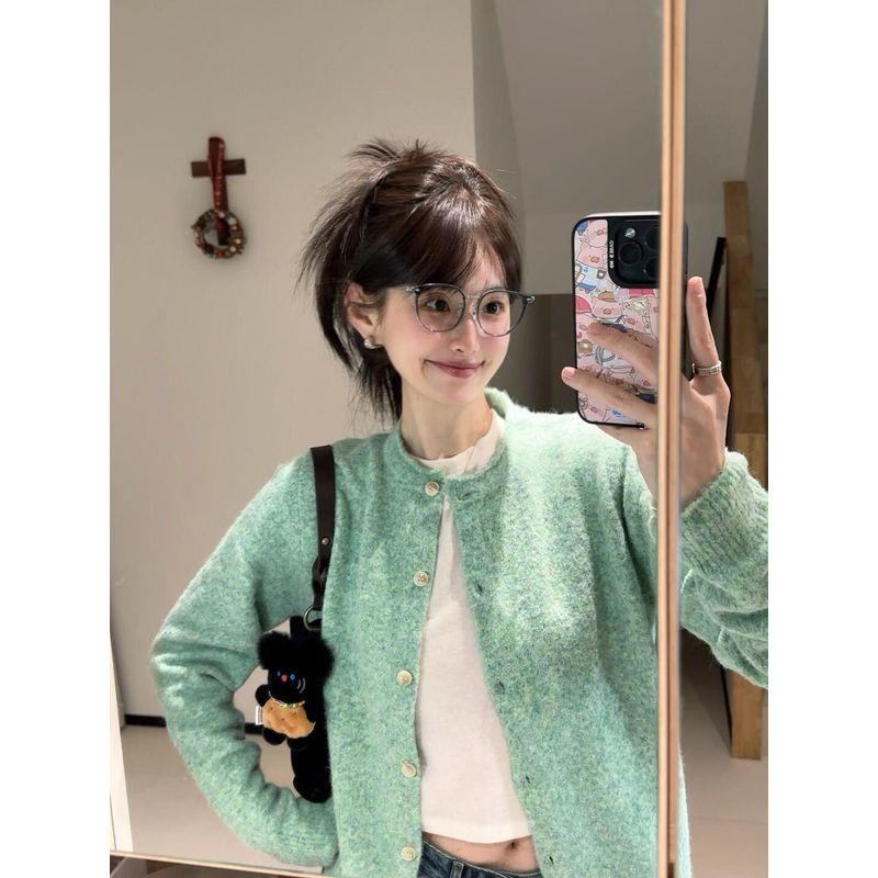 

French style Temperament Mint Green Curling Knit cardigan Sweater Outerwear Women Spring and Autumn Soft Glutinous Green Top Early Spring Outdoor Green S