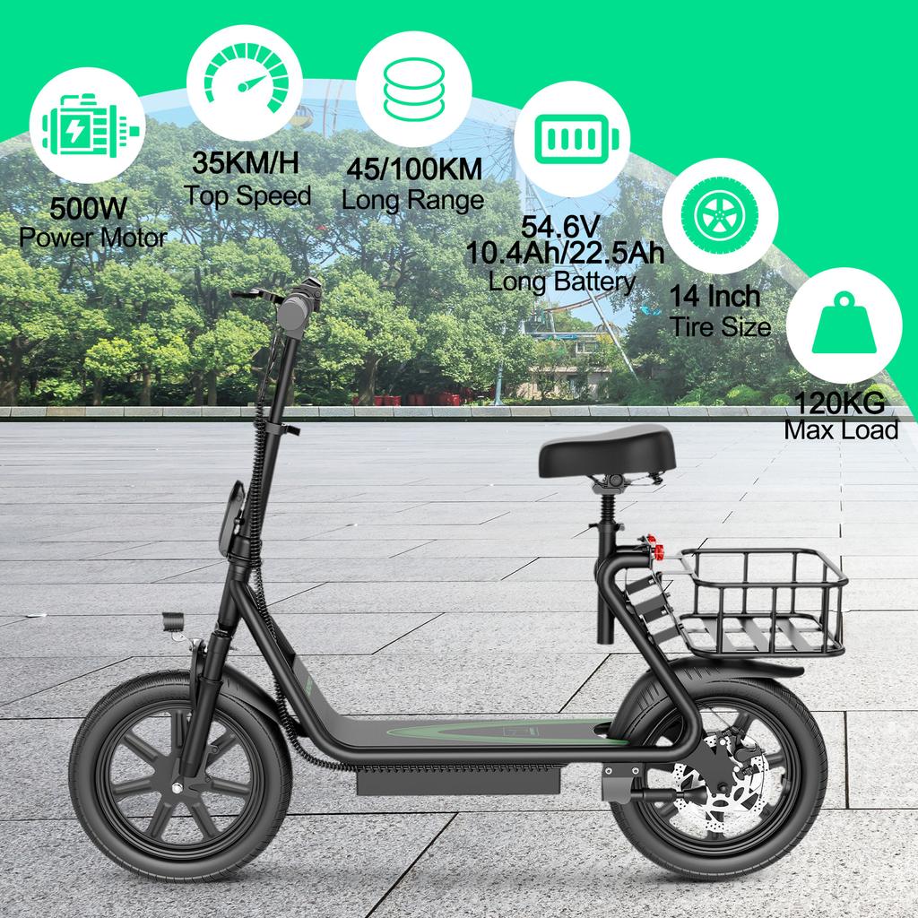 ESBS/ESBSPRO 500W Electric Scooter 54.6V10.4Ah/22.5Ah Large Capacity Battery 45/100KM Long Range 35km/h 14Inch EScooter