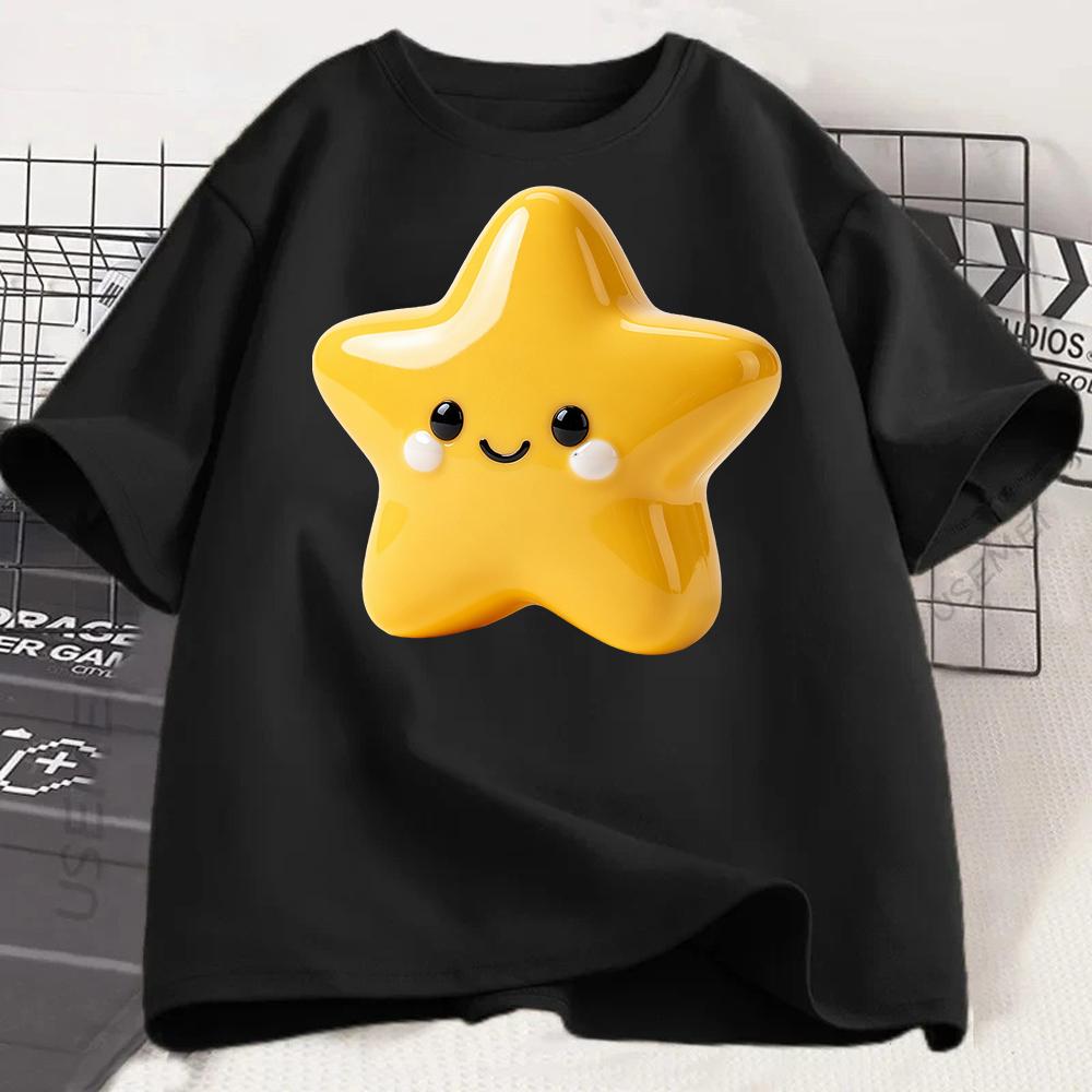 Summer Cute Yellow Star Graphic Tee Kawaii Smiley Star Print TShirt for Women Casual Oversized White Tee Harajuku Aesthetic