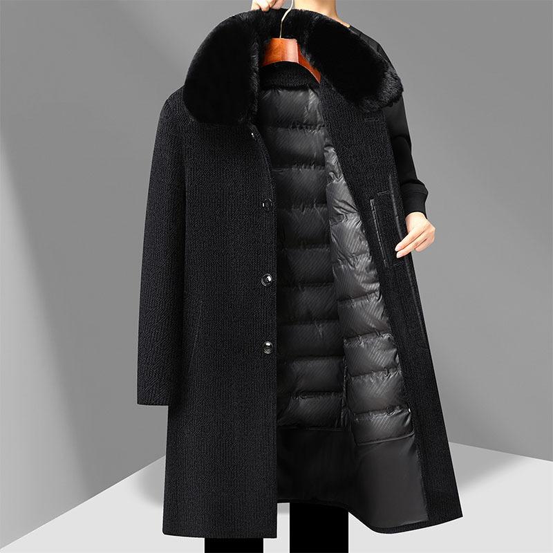 

Новый зимний стиль длинный меховой воротник съемный пуховик шерстяное пальто для пожилых папы синель пуховик