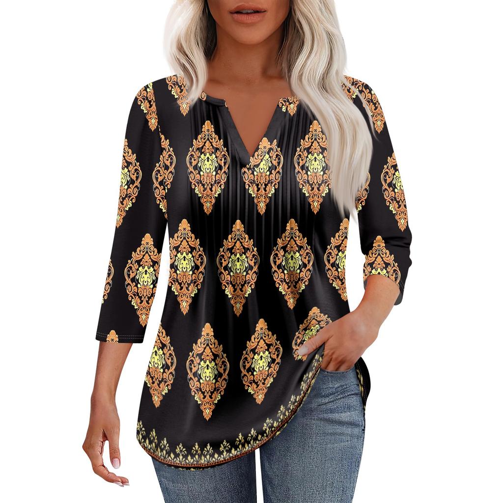 Modisches, lässiges T-Shirt mit plissiertem V-Ausschnitt und einfarbigen Siebenviertelärmeln für Damen