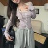 Core-spun Yarn, Fake Two-piece Knitted Purple Shirt for Women's Autumn Sweet and Hot Girls with Lace Lace Inside and Short.