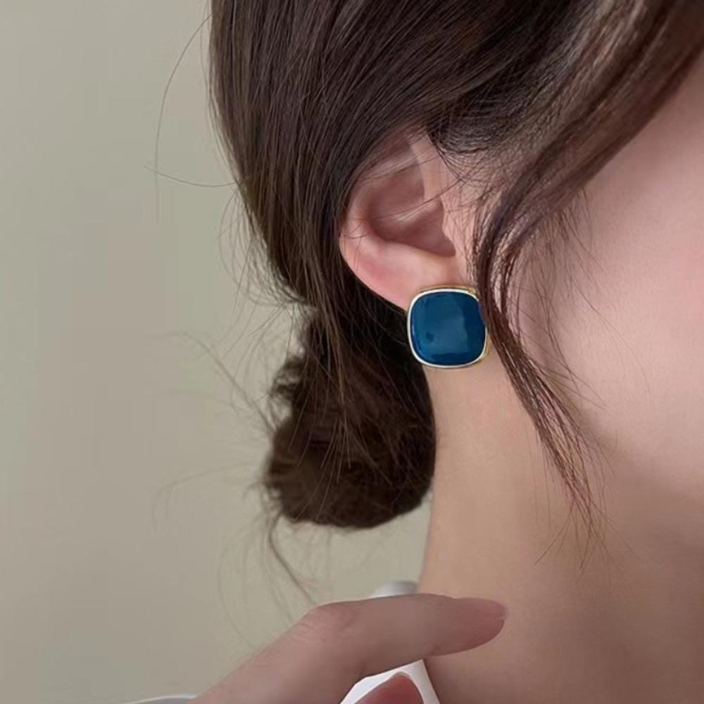 Retro Simple Colored Drip Glaze Gold Color Edging Geometric Square Stud Earrings for Women Korean Temperament Piercing Jewelry