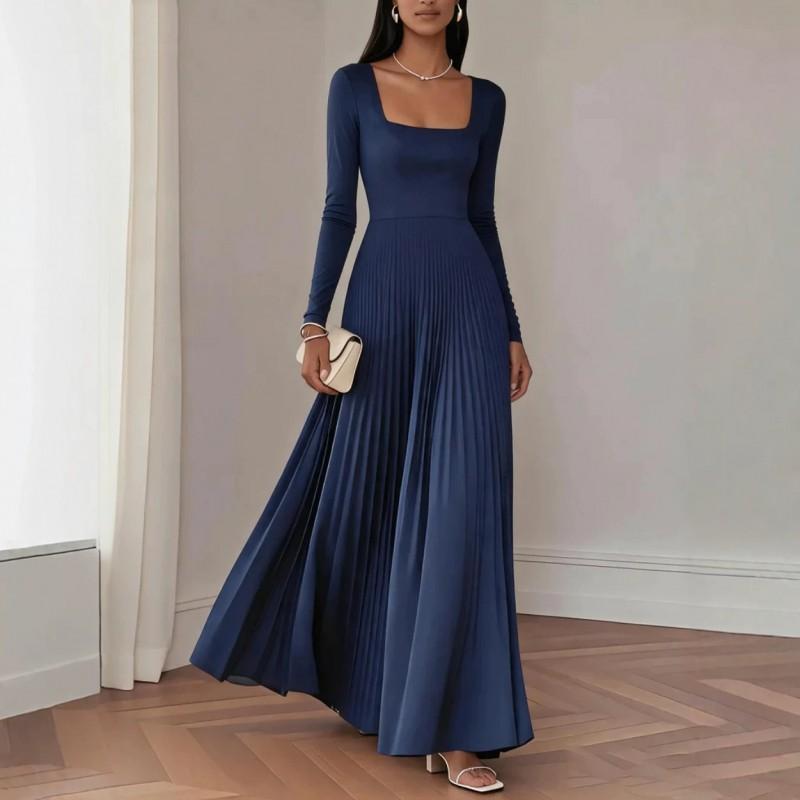 Elegant Square Neck Long Sleeve Waist-Cinched Pleated Maxi Dress Women 2026 Fall Formal Occasion