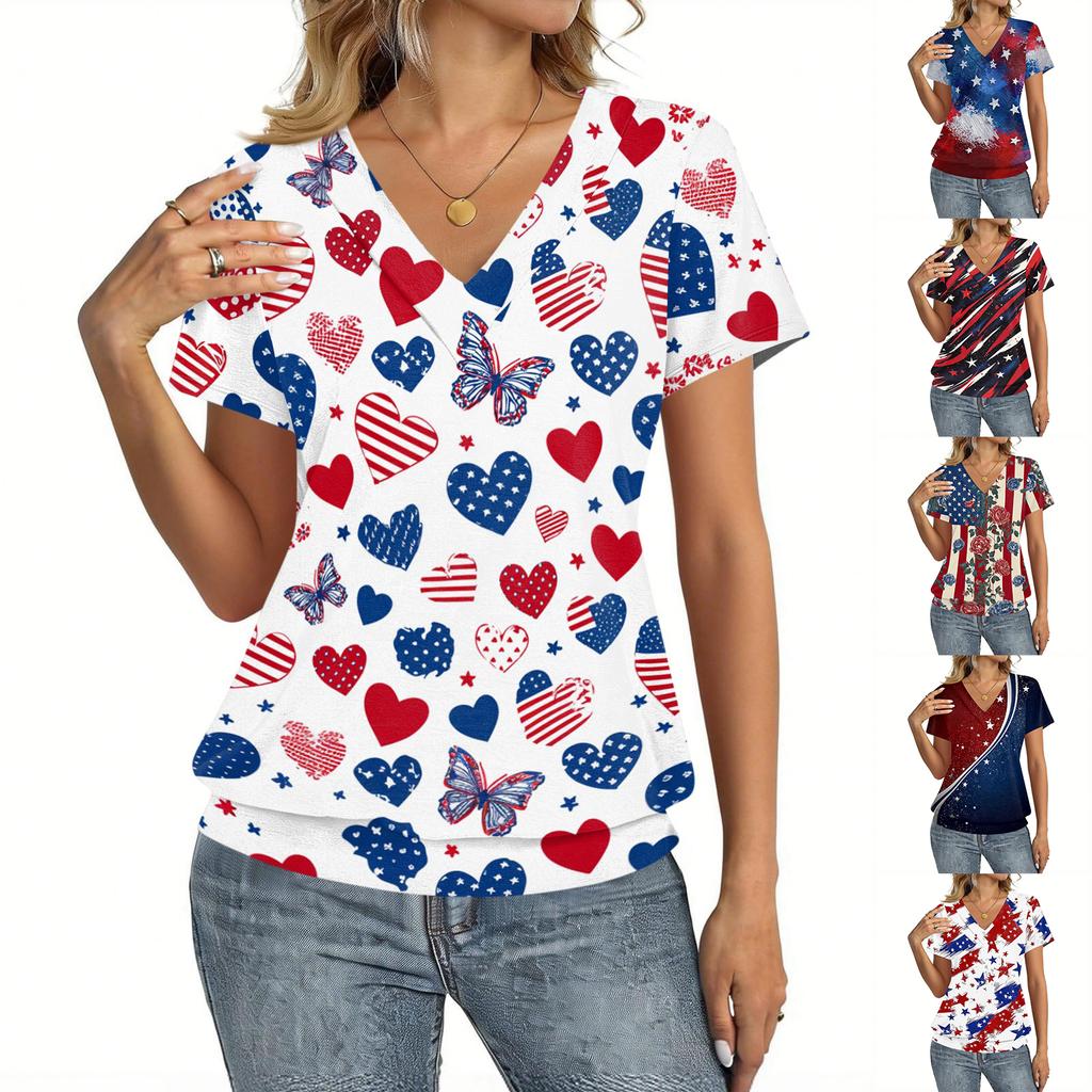 Women's Casual Short Sleeve V Neck Top Independence Day Printed T Shirt Lightweight Comfortable Summer Blouse