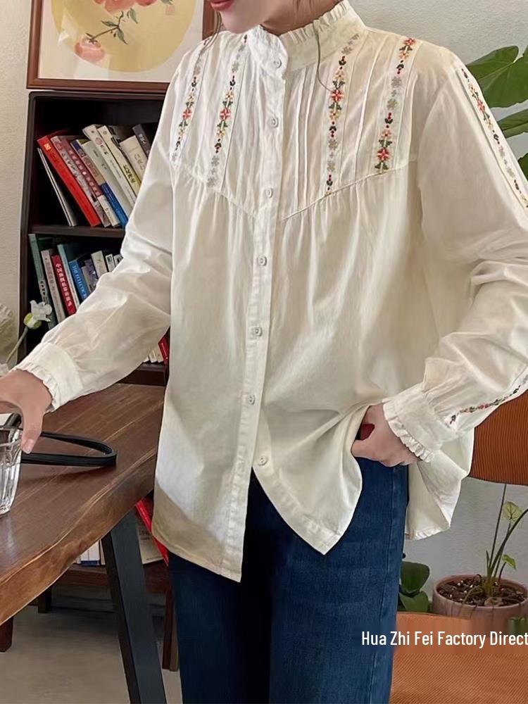 Early Autumn Women's Pastoral Mori Girl Style Embroidered Loose Long Sleeve Flower Bud Collar Top