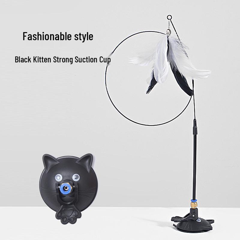 Durable Cat Teaser Wand with Suction Cup, Colorful Feathers, Bell, and Long Steel Wire Rod черный полный комплект