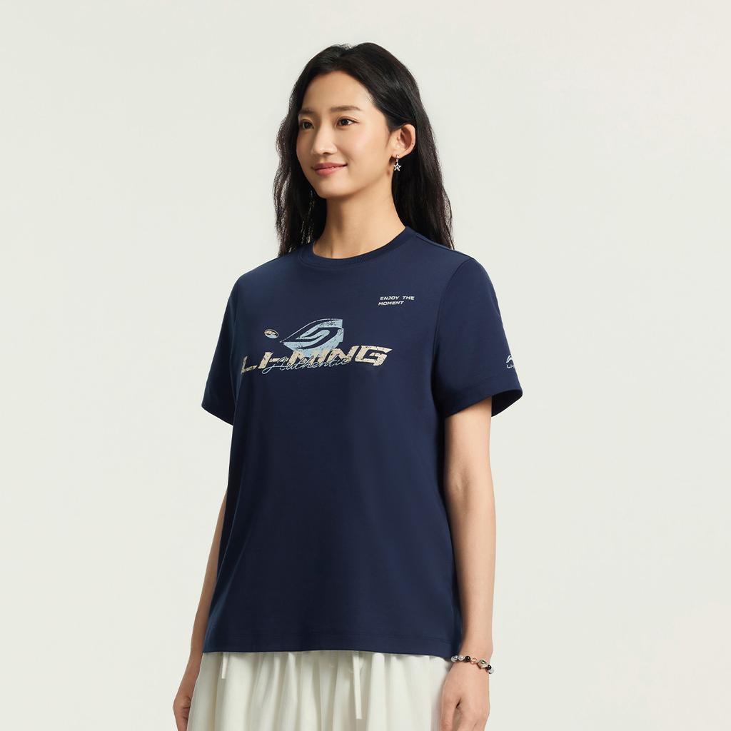 Li-Ning Sport Lifestyle Series Round Neck Letter Print T-Shirt Women tops ATSW276-7