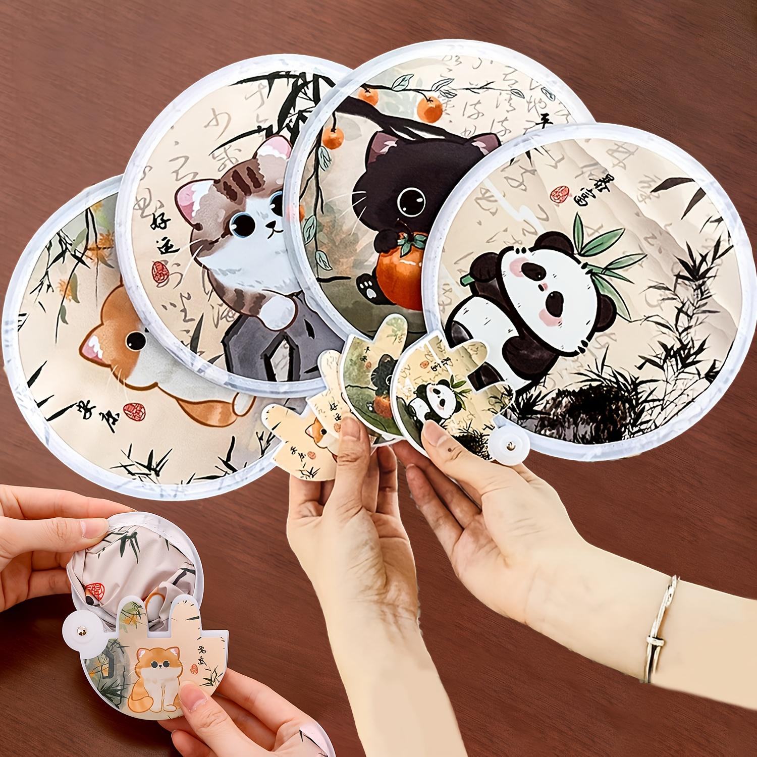 

4Pcs Cute Cat Folding Fans, Maneki-Neko 2-in-1 Cooling & Sun Protection, Portable Handheld w/ Bag, Summer Holiday Gift