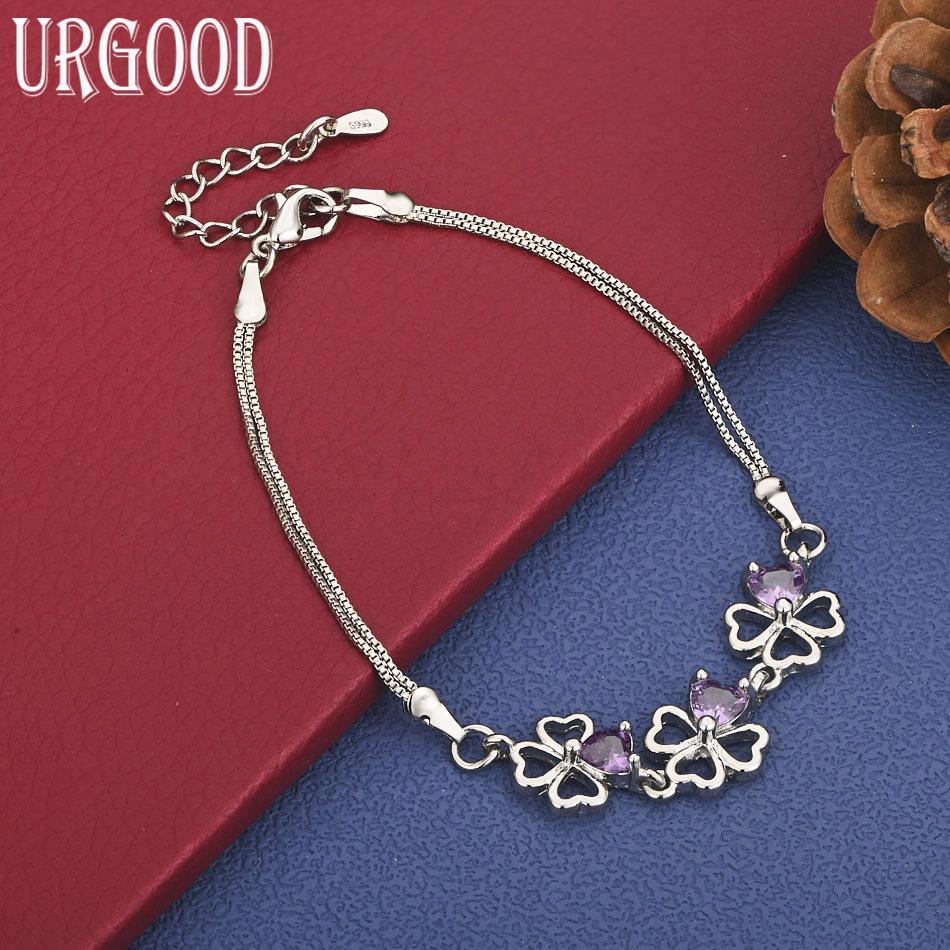 925 Sterling Silver Four-Leaf Clover Side Chain Bracelet Gift Jewelry