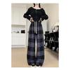 Autumn Winter Loose Casual Velvet Elastic Waist Plaid Printing Wide Leg Pants Women All-match Straight Trousers