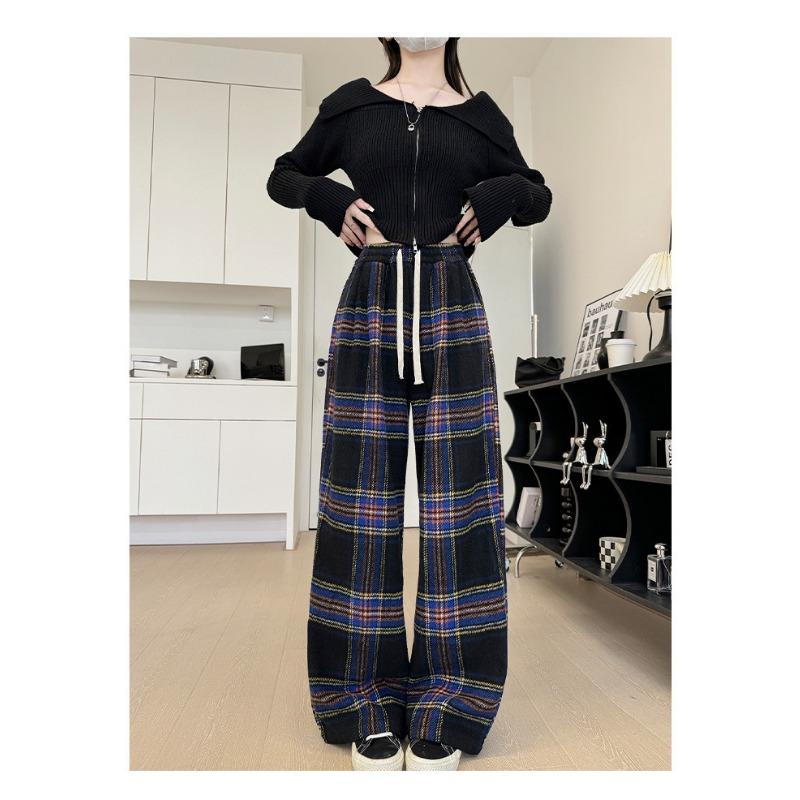 Autumn Winter Loose Casual Velvet Elastic Waist Plaid Printing Wide Leg Pants Women All-match Straight Trousers