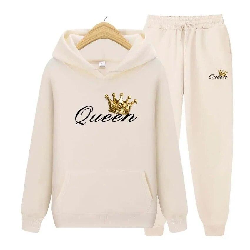 Queen Printing Autumn Winter Hoodies+Pants Two Piece Set  Womens Hoodies Tracksuits Jogger Pants thick Warm Clothes