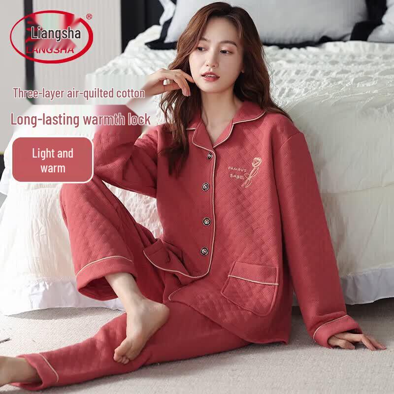 Langsha Women s Quilted Thermal Lapel Pajama Set XXL
