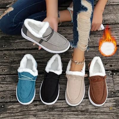 Women's Solid Colored Furry Loafers, Soft Soled Flat Bottomed Warm Canvas Shoes, Winter Furry Warm and Comfortable Shoes