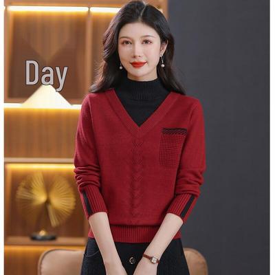 Women's Faux Two-Piece Half-High Neck Knitted Sweater