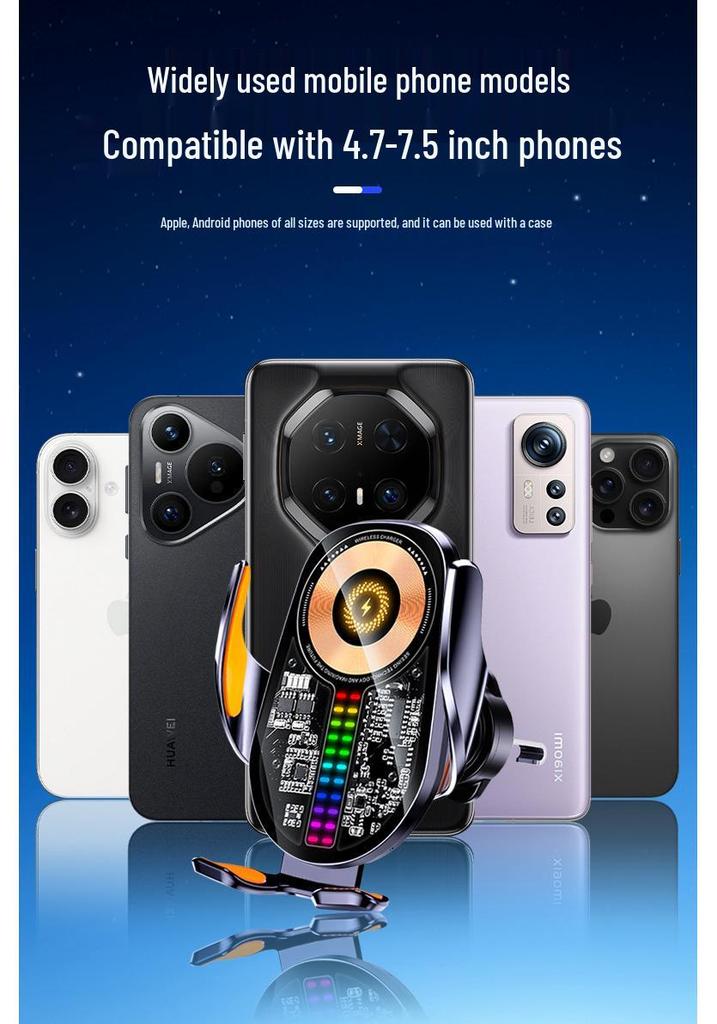 Q6 RGB Sound-Reactive Wireless Charging Car Phone Holder with Foldable Screen and Unobstructed Lens Design