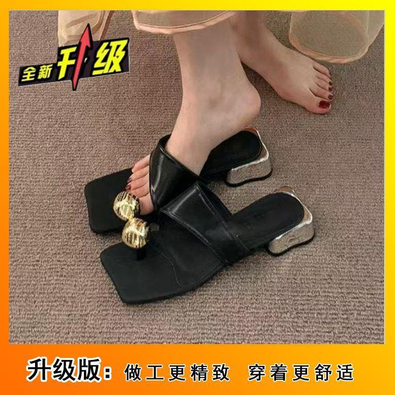 Thick heel and thin personalized set-toed Roman sandals 2025 summer and autumn new square head metal buckle toe slippers