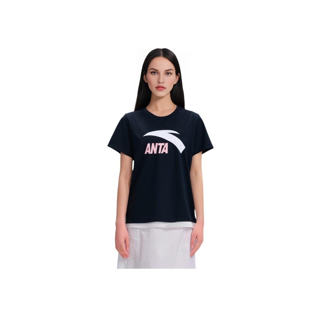 Anta Lifestyle Series Logo Print Round Neck Pullover Short Sleeve T-Shirt Women T-Shirts Basic-Black 962328120-8