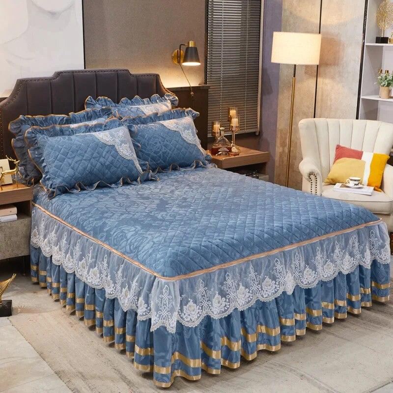 Winter Coral Fleece Zipper Removable Luxury Bedspread King Queen Thicken Velvet Quilted Bed Skirt Not Including Pillowcase