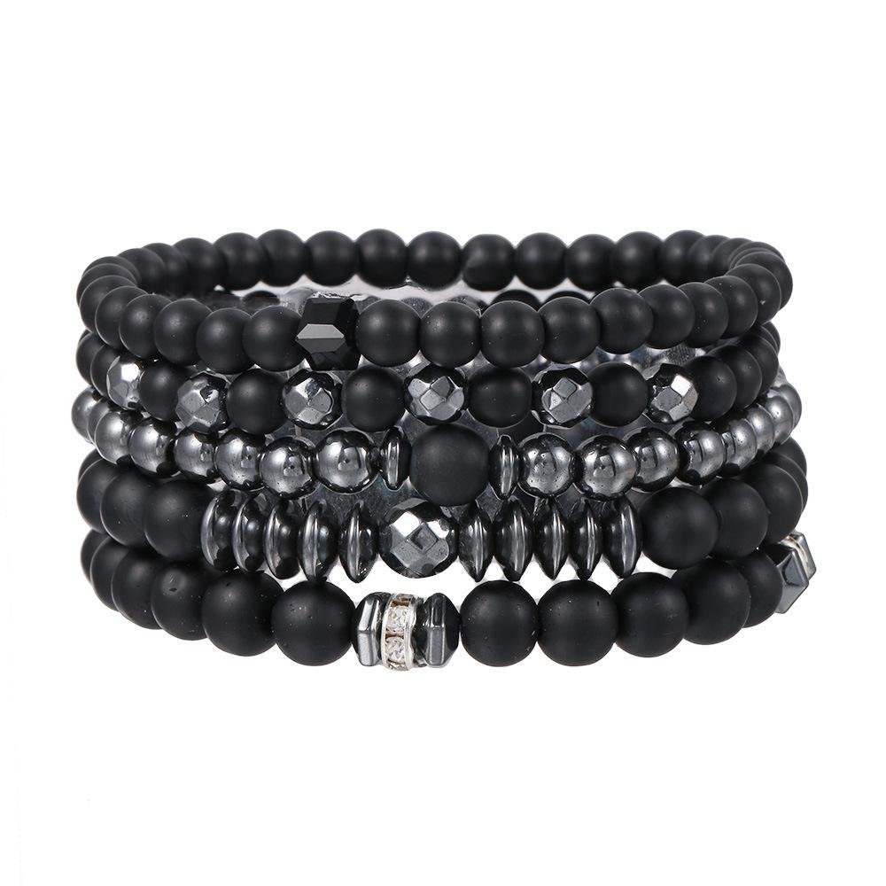 New Men's Beaded Bracelet Set, Map Stone Black Gallstone Cross Bracelet Elastic Bracelet Combination