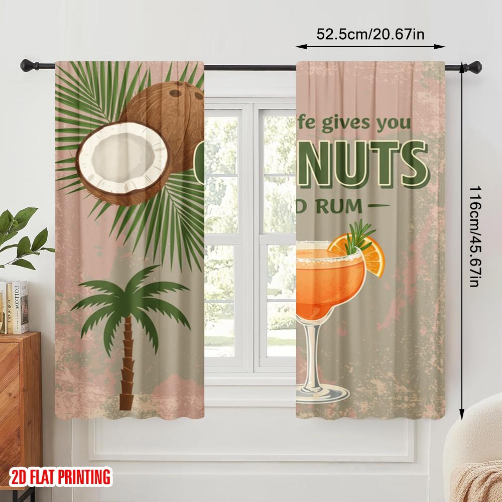 2pcs 2D Flat Printing Scene Curtains Coconut Life Rum Cocktail Polyester Without Electricity Festive Curtains Perfect for Photo