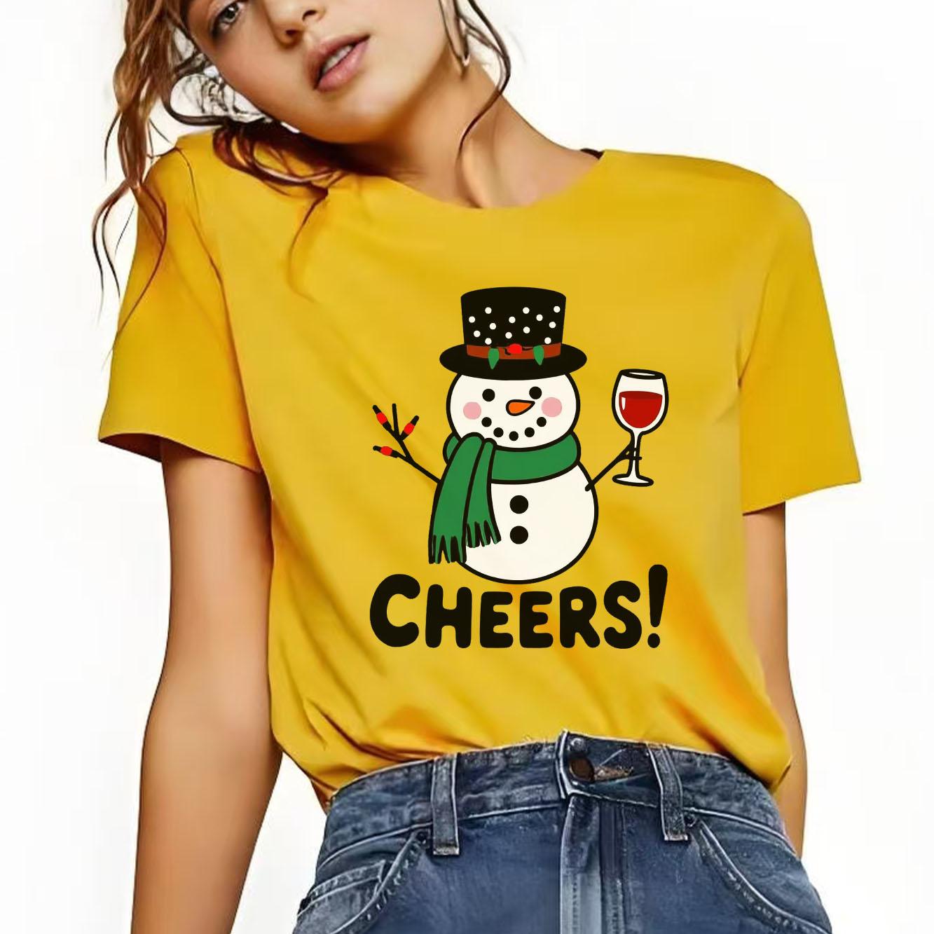 

Christmas snowUnisex cartoon printed Womens short sleeved holiday Tshirt with summer round neck suitable for daily versatility S