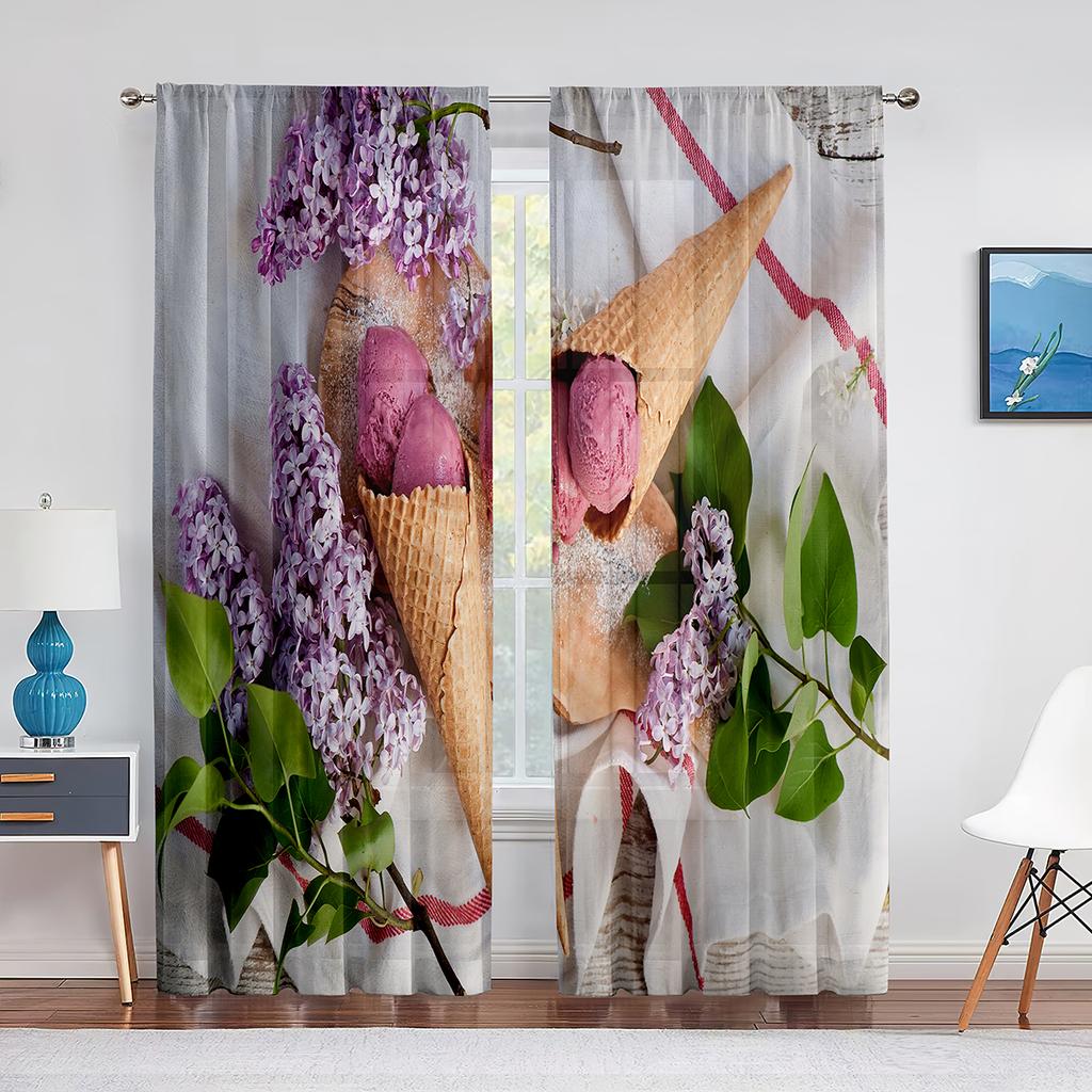 Ice Cream Summer Theme Chocolate and Fruity Flavor Tulle Window Curtains for Living Room Bedroom Decorative Sheer Voile Curtain