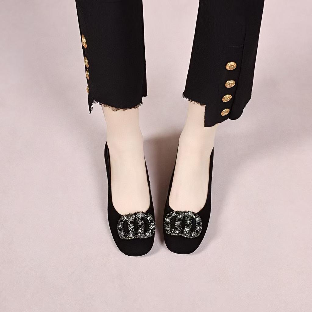 Flache Einzel-Schuhe Damen Frühling neu schlichtes Temperament schwarz Damen-Schuhe Strass ein Pedal niedrig-absatz Damen-Schuhe