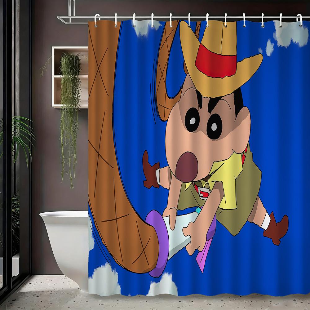 Crayon Shin-Chan Cowboy Rope Swing 2D Print Waterproof Shower Curtain, Blue Sky Bathroom Decor With Hooks
