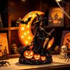Dark Aesthetic Room Decor Halloween Witch on Crescent Moon Decorative Light, Gothic Detailed Fantasy Figurines Lamp, Resin Figurine for Home Tabletop
