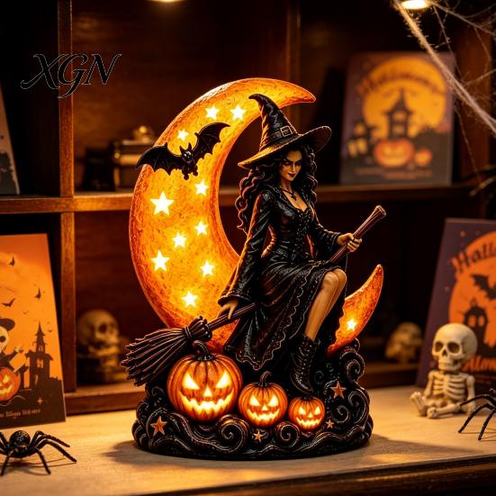 Dark Aesthetic Room Decor Halloween Witch on Crescent Moon Decorative Light, Gothic Detailed Fantasy Figurines Lamp, Resin Figurine for Home Tabletop